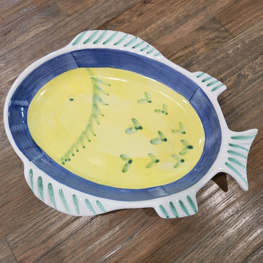 Caleca Greco Hand Painted Italy Fish Shaped Server Platter Marina Yellow Blue - Picture 2 of 15